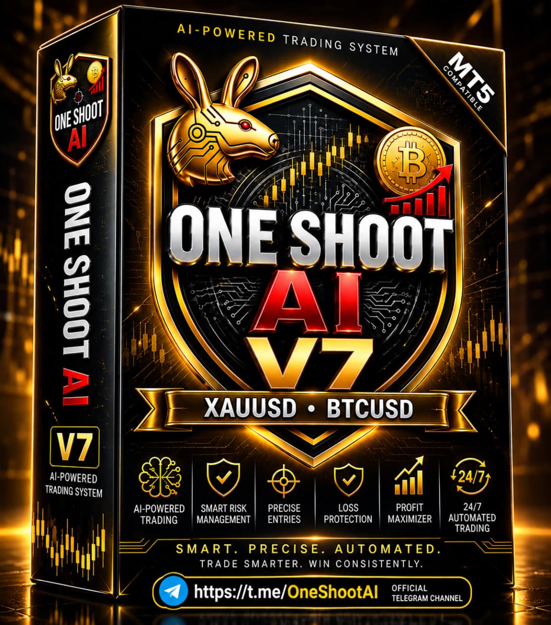 One Shoot AI V7 product box — AI-powered MetaTrader 5 trading system for XAUUSD and BTCUSD